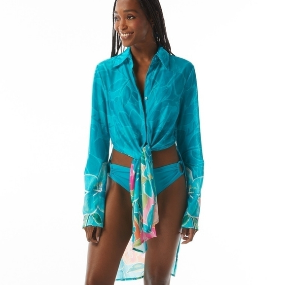 NWT Carmen Marc Valvo Convertible Front Tie Midi Shirt Cover Up - Picture 6 of 8